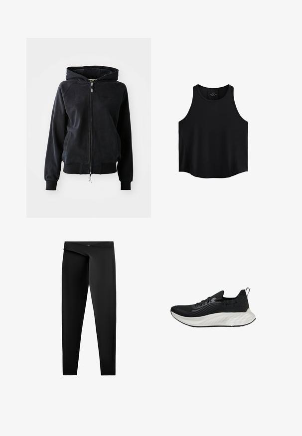 Crna zip majica s kapuljačom, izrađena od mekanog materijala, s kapuljačom na vezivanje, rebrastim manžetama i donjim rubom, s logotipom na prsima i dva prednja džepa.; Crna bezrukavna majica od glatkog materijala, s okruglim dekolteom, ravnim krojem i bočnim panelima s suptilnom teksturom.; Crne tajice od glatkog, rastezljivog materijala. Imaju visok pojas i uski kroj sa ravnim rezom do gležnjeva.; Crna atletska cipela s teksturiranim gornjim dijelom, bijelim jastučićem potplatom i suptilnim brendingom. Ima petlju za povlačenje i vezanje.