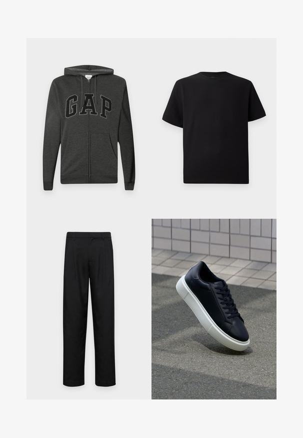 Felpa con zip grigia scura, dotata di tasche frontali, cappuccio regolabile con lacci e grandi lettere "GAP" nere contornate sul petto.; T-shirt corto nero a maniche corte realizzato in tessuto testurizzato, con scollatura rotonda e vestibilità comoda. Semplice, senza motivi o dettagli.; Pantaloni neri realizzati in tessuto liscio, caratterizzati da un taglio dritto, due pieghe frontali e una vita standard con passanti per la cintura.; Sneaker in pelle nera con punta arrotondata e suola in gomma bianca. Presenta lacci piatti e cuciture minime sulla parte superiore. Suola testurizzata per una migliore aderenza.