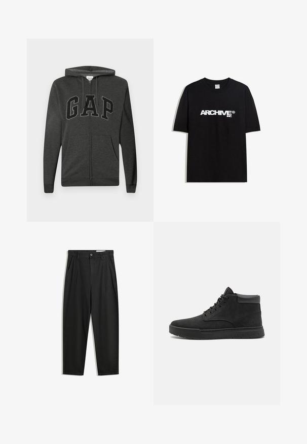 Hanorac cu fermoar de culoare gri închis, cu buzunare frontale, glugă cu șnur ajustabil și litere mari „GAP” conturate în negru pe piept.; Tricou din bumbac negru cu un logo alb "ARCHIVE inc." pe piept, mâneci scurte și guler rotund.; Pantaloni negri din bumbac cu croială lejeră, având un brâu clasic, plii frontale și buzunare laterale. Textură netedă fără modele.; Cizme negre din suede până la gleznă, cu vârf rotund, talpă din cauciuc și șireturi. Prezintă un accent de toc din piele neagră netedă și un detaliu subtil cu logo pe lateral.