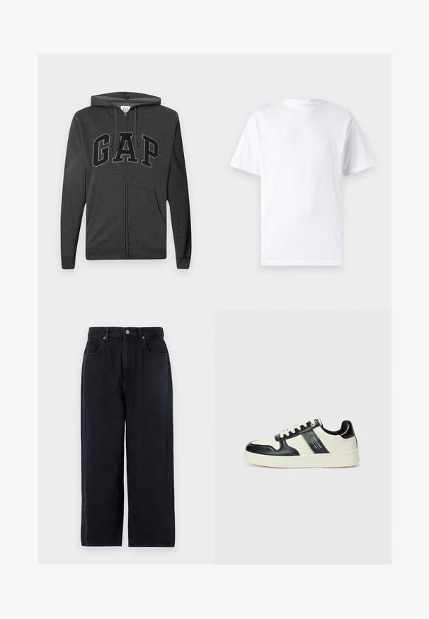 Tumedast hall kapuutsiga särav, ees taskud, reguleeritava nööriga kapuuts ja suure musta äärisega "GAP" kiri rinnal.; Valge lühikeste varrukatega T-paita, mis on valmistatud puuvillast, laheda kaelusega. T-särk on sileda tekstuuri ja lihtsa disainiga, ilma mustrite või aksessuaarideta.; Mustad denim püksid otse jala lõikega, viie taskuga, nup closure ja puhta viimistlusega. Vastupidav kangas mati tekstuuriga.; Nahatud nahkkingad musta ja kreemi värviskeemiga, millel on perforeeritud aktsendid, pehme krae ja tekstureeritud tallad.