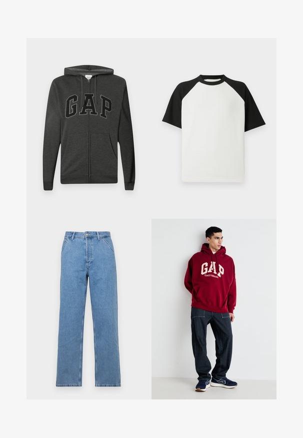Felpa con zip grigia scura, dotata di tasche frontali, cappuccio regolabile con lacci e grandi lettere "GAP" nere contornate sul petto.; T-shirt corto a manica corta in bianco e nero con texture a costine; presenta maniche raglan e collo rotondo.; Jeans in denim blu chiaro a gamba dritta con un classico design a cinque tasche, dotati di chiusura frontale con bottone e passanti per cintura. Texture liscia.; Felpa bordeaux con "GAP" e "TIMES SQUARE" stampati in crema, abbinata a pantaloni a righe blu scuro e sneakers blu scuro con dettagli bianchi.
