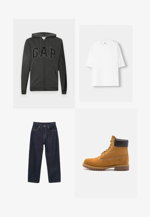 Hanorac cu fermoar de culoare gri închis, cu buzunare frontale, glugă cu șnur ajustabil și litere mari „GAP” conturate în negru pe piept.; Tricou alb cu mânecă scurtă, confecționat din bumbac, cu un decolteu rotund și o croială lejeră. Textură netedă, fără modele sau accente vizibile.; Jeans de denim albastru închis cu o croială confortabilă, prezentând cinci buzunare, cusături galbene contrastante și un sistem de închidere cu nasture în față.; Cizmă de gleznă din întoarsă de culoare bej, cu guler negru căptușit, ochiuri din metal auriu, detalii de cusătură albă și talpă din cauciuc robustă, cu un model pronunțat.
