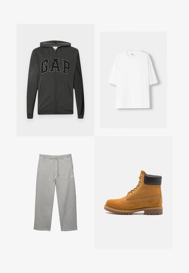 Felpa con zip grigia scura, dotata di tasche frontali, cappuccio regolabile con lacci e grandi lettere "GAP" nere contornate sul petto.; T-shirt bianco a maniche corte realizzato in cotone, con scollatura rotonda e vestibilità rilassata. Texture liscia, senza motivi o dettagli visibili.; Pantaloni sportivi grigi realizzati in tessuto morbido, con vita elastica, cordoncino regolabile e tasche laterali. Presenta un piccolo logo bianco.; Stivale alla caviglia in suede tan con collare imbottito nero, occhielli in metallo dorato, dettagli in cucitura bianca e suola in gomma robusta con battistrada pronunciato.