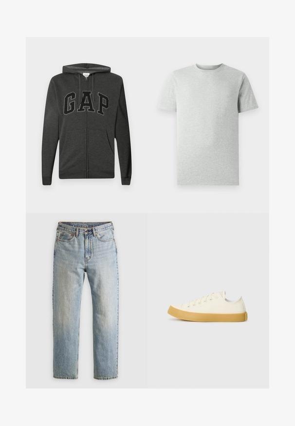 Mörkgrå zip-up hoodie med framfickor, justerbar dragsko i huvan och stora svartomfattade "GAP"-bokstäver över bröstet.; En enkel ljusgrå kortärmad T-shirt med rund hals visad mot en vit bakgrund, framifrån utan synliga logotyper eller mönster.; Grön flanellskjorta med ett rutmönster som har blå, vita och senapsgula ränder. Knäppt fram och spetsig krage. Långa ärmar.; Ljusblå denimjeans med hög midja, framknäppning, dragkedja och femficksdesign, placerade platt på en neutral bakgrund.; Canvas sneakers i off-white med rund tå, med beige gummisulor och fem öglor för snören, texturerad finish på ovandelen.