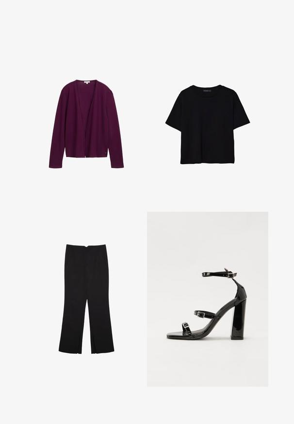 TOM TAILOR Kardigan - blackberry; Černé tričko s krátkým rukávem vyrobené z bavlny. Má kulatý výstřih a volný střih s hladkým, jednobarevným povrchem. Bez viditelných vzorů nebo akcentů.; Černé kalhoty s rovným střihem, s předními kapsami a bočními rozparky na lemu. Vyrobené z jemné, hladké tkaniny. Vhodné na různé příležitosti.; Černé lakované sandály na podpatku se čtveratou špičkou, lýtkovými pásky a stříbrnými přezkami. Disponují masivním blokovým podpatkem pro stabilitu.