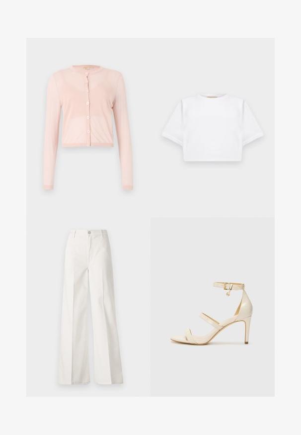 Cardigan rosa, cropped, feito de um tecido suave, com mangas longas e um decote redondo. Seis botões à frente com punhos canelados.; T-shirt branca corta, feita de tecido macio, apresentando mangas curtas, um decote redondo e detalhes de bainha canelada. Design simples e despretensioso.; Calças largas brancas feitas de algodão com uma textura suave. Apresenta um botão frontal, fecho de correr e um design de quatro bolsos.; Sandálias de salto alto bege com tira fina no tornozelo e duas tiras superiores. Acabamento em patentes brilhantes e detalhe em dourado na tira do tornozelo.