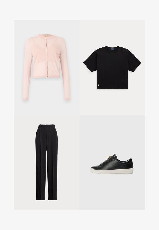 Rozā, īss kardigāns, izgatavots no mīksta adījuma auduma, ar garām piedurknēm un apaļu dekoltē. Seši pogas gar priekšpusi un ribota aproce.; Melnā kokvilnas t-krekls ar īsām piedurknēm, apaļu kaklu un mazu baltu logo apakšējā kreisajā stūrī. Klasisks, taisnstūrveida piegriezums ar minimālu detaļu skaitu.; Melnas piegriezuma bikses ar augstu jostasvietu, priekšā ar krokām, taisna kāju dizains un ar aprocēm. Izgatavotas no gludas auduma.; Melnas ādas slīdētājzābaki ar izceltiem šuvēm, sudraba aparatūras detaļām augšpusē un baltu gumijas zoli ar izceltiem zīmola elementiem.