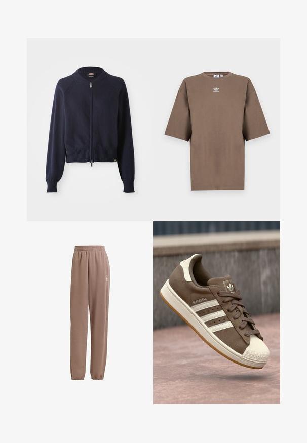 Pulover cu fermoar de culoare albastru marin, cu margine și manșete ribbate. Prezintă un guler rotund și mâneci raglan, realizate dintr-un material tricotat moale.; Tricou din bumbac de culoare maronie, cu mâneci scurte, guler rotund și logo-ul alb Adidas centrat pe piept, având un design simplu și o croială relaxată.; Pantaloni de trening maro, confecționați dintr-un material moale, având o talie elastică, buzunare laterale și manșete elastice, cu un accent de logo alb.; Adidași din suede maro cu dungi albe, accente crem și vârf din cauciuc. Prezintă un design cu șireturi și o talpă din cauciuc texturată.