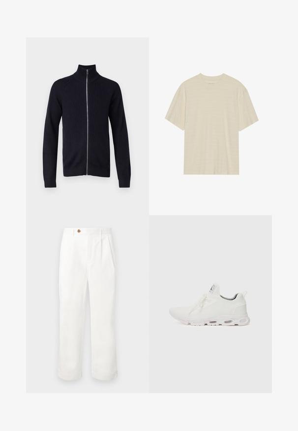 Maglione navy a coste con colletto alto e zip frontale completa. Maniche lunghe con polsini aderenti e un design testurizzato su tutta la superficie.; T-shirt a maniche corte di colore crema con una delicata trama a righe e scollo rotondo, realizzato in tessuto leggero.; Pantaloni bianchi in cotone con taglio dritto, caratterizzati da due pieghe frontali, chiusura a singolo bottone e tasche laterali. Texture liscia.; Scarpe atletiche bianche con tomaia in maglia testurizzata, lacci piatti e una suola ammortizzata con camere d'aria visibili per un supporto aggiuntivo.