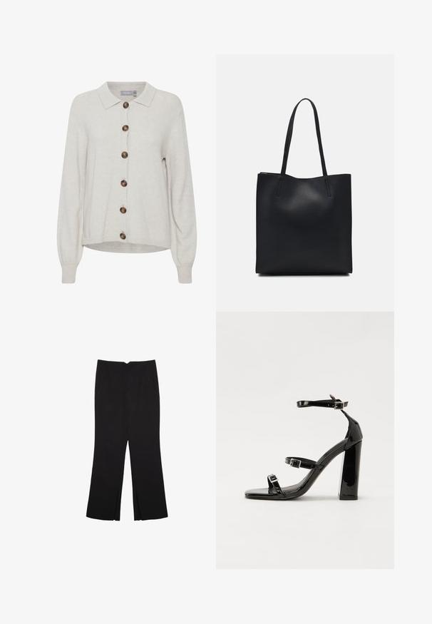 Beige pletený cardigan s límečkem, obsahující velké hnědé knoflíky a žebrované manžety, poskytující měkký a texturovaný vzhled.; Hnědé, jednodílné plavky s vysokým krkem a tenkými, nastavitelnými ramínky; mají vysoký střih nohavic a hladkou texturu. Žádné vzory ani ozdoby.; Černé kalhoty s rovným střihem, s předními kapsami a bočními rozparky na lemu. Vyrobené z jemné, hladké tkaniny. Vhodné na různé příležitosti.; Černé lakované sandály na vysokém podpatku se dvěma pásky se sponami, čtvercovou špičkou a robustním blokovým podpatkem, s hladkou, lesklou texturou.; Černá kožená taška přes rameno s hladkým povrchem, obdélníkovým tvarem a dvěma dlouhými uchy. Žádné viditelné kování ani ozdoby.