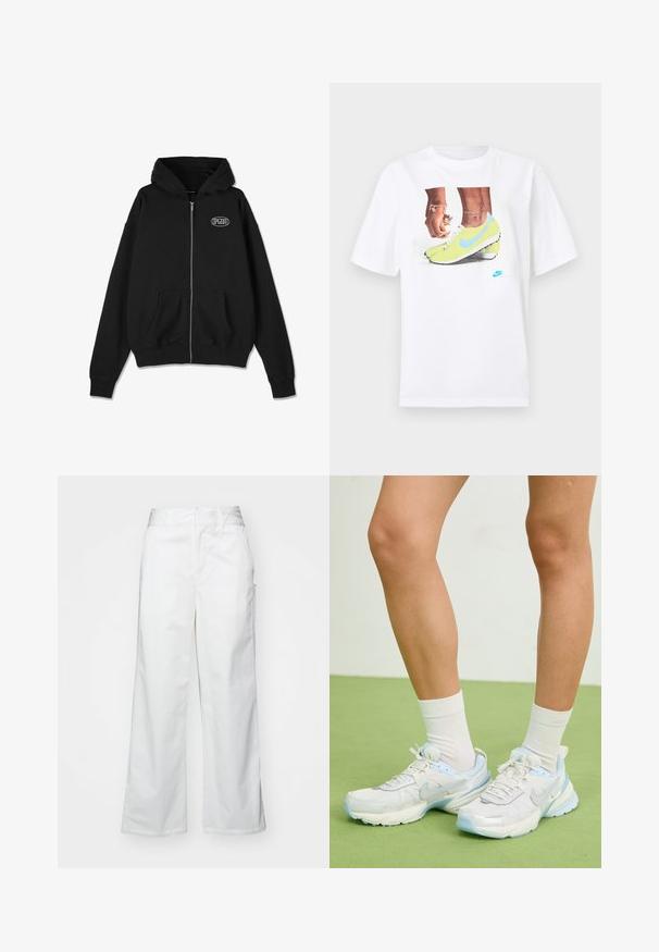 Fekete, cipzáros kapucnis pulóver puha pamutból. Kangúzsebből és bordázott mandzsettákból készült. Kis logó fehér színben a mellrészen. Klasszikus dizájn és szabás.; Fehér pamut póló, amelyen sárga Nike cipőben lévő lábak grafika található kék részletekkel, bal csuklón pedig egy karkötő látható.; Fehér, bő szárú nadrág, pamutból készült, sima textúrával, egyenes szabással, elülső zsebekkel és tiszta szegéllyel.; Fehér és világoskék sportcipők, hálós és szintetikus anyagból, texturált kiegészítőkkel, lekerekített formával és párnázott talppal.