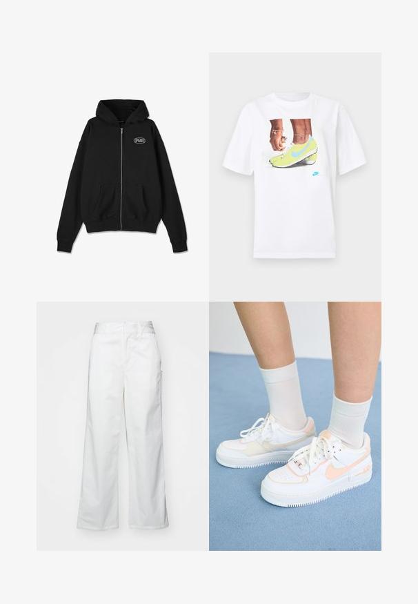 Black zip-up hoodie made of soft cotton. Features a kangaroo pocket and ribbed cuffs. Small logo on the chest in white. Classic design and fit.; White cotton t-shirt featuring a graphic of feet in yellow Nike cleats with blue accents, paired with a bracelet on the left wrist.; White wide-leg trousers made from cotton, featuring a smooth texture, straight fit, front pockets, and a clean hem.; White sneakers with peach accents, smooth leather upper, perforated toe, textured sole, and laces. Worn with white crew socks on a blue surface.