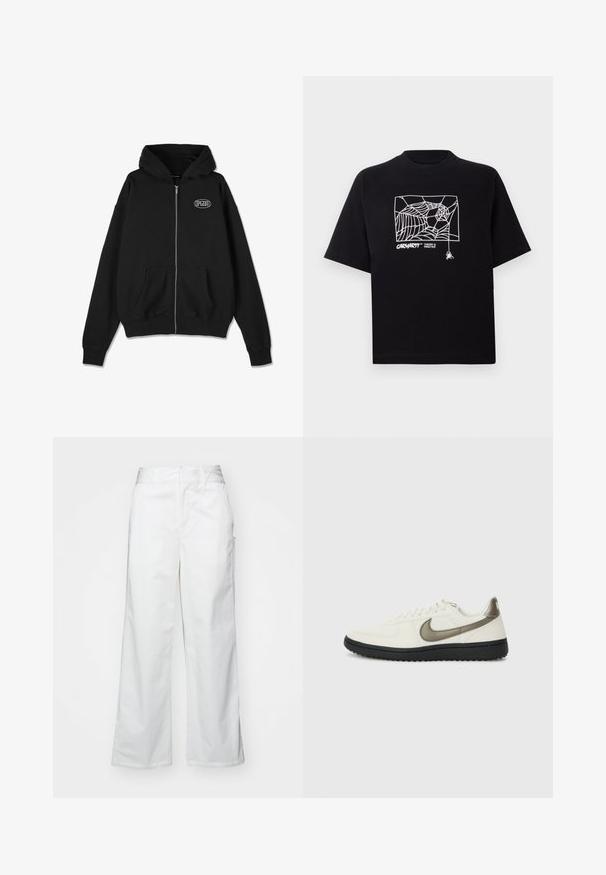 Black zip-up hoodie made of soft cotton. Features a kangaroo pocket and ribbed cuffs. Small logo on the chest in white. Classic design and fit.; Black T-shirt made of cotton with short sleeves. Features a white spider web graphic and logo on the front. Simple rounded neckline.; White wide-leg trousers made from cotton, featuring a smooth texture, straight fit, front pockets, and a clean hem.; Nike Sportswear FIELD GENERAL - Trainers - off-white/black
