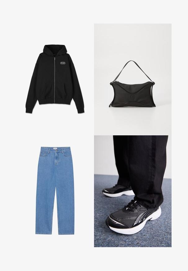 Fekete, cipzáros kapucnis pulóver puha pamutból. Kangúzsebből és bordázott mandzsettákból készült. Kis logó fehér színben a mellrészen. Klasszikus dizájn és szabás.; Fehér pamut póló laza szabással, rövid ujjakkal és egy kis hímzett logóval a bal mellrészén.; Világoskék farmernadrág egyenes szabással, öt zsebbel, egy gombos záródással és finom varrási részletekkel az oldalvarrásokon.; Fekete sportcipők hálós anyagból, fehér talppal és fekete részletekkel. A talpa textúrázott. Fekete nadrággal viselve, kék szőnyegen.; Fekete kézitáska puha, textúrált anyagból. Hullámos designjával, egyetlen vállpántjával és finom logó részletével rendelkezik elöl.