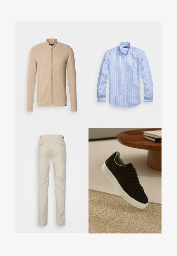 Beige Kapuzenpullover mit Reißverschluss, hohem Kragen, langen Ärmeln, strukturiertem Strickstoff und dezenten gerippten Akzenten an den Bündchen und dem Saum.; Blau-weißer gestreifter Langarmshirt aus Baumwolle mit einem Button-Down-Kragen, Frontknöpfen und einem kleinen gestickten Logo auf der Brust.; Beige Hosen mit glatter Textur, geradem Schnitt, zwei Gesäßtaschen mit Knöpfen und einem normalen Bund.; Schwarze Sneakers mit weißer Sohle, die über einem beige strukturierten Teppich schweben, in der Nähe eines runden Holztisches mit gestapelten Büchern.
