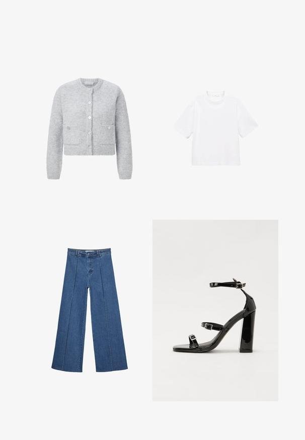 Grijze cropped cardigan van een textuurlap, met een ronde halslijn, sluiting met knopen aan de voorkant en twee opgestikte zakken. Zachte, harige uitstraling.; Witte katoenen t-shirt met korte mouwen en een ronde hals. Eenvoudig ontwerp, losse pasvorm, gladde textuur. Geen patronen of accenten zichtbaar.; Brede denim jeans in medium blauw, met een hoge taille, knoopsluiting en contrasterende verticale naden aan de voorkant.; Zwarte gepatenteerde sandalen met hak en een vierkante neus, enkelbandjes en zilveren gespen. Heeft een stevige blokhak voor stabiliteit.