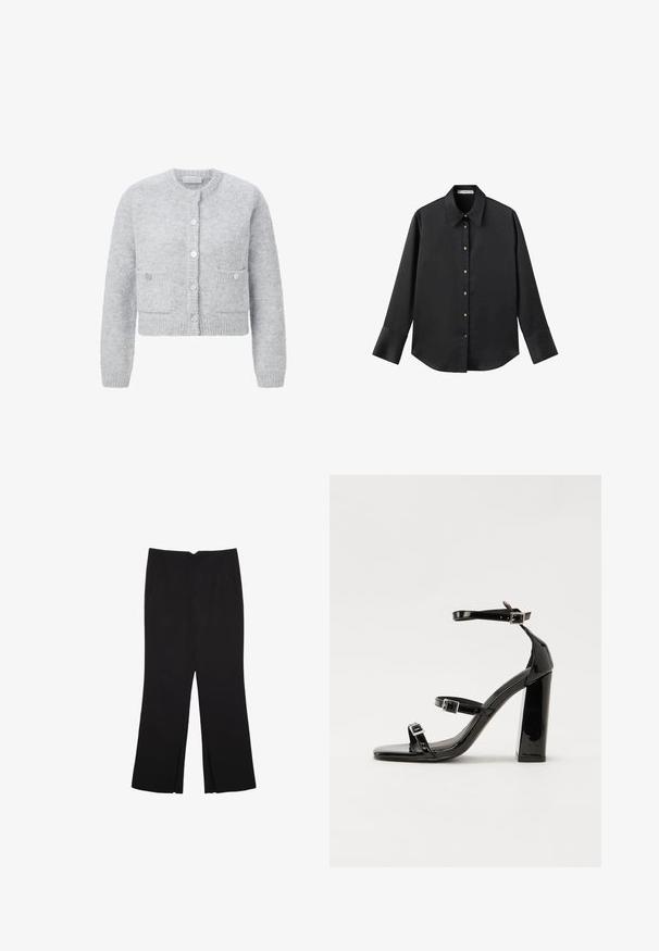 Cardigan grigio corto con un tessuto testurizzato, scollo rotondo, chiusura frontale con bottoni e due tasche applicate. Aspetto morbido e peloso.; Maglietta nera a maniche lunghe in tessuto morbido, con colletto classico, chiusura frontale con bottoni dorati e polsini ampi.; Pantaloni neri a gamba dritta, con tasche frontali e spacchi laterali all'orlo. Realizzati in tessuto morbido e liscio. Adatti a diverse occasioni.; Sandali con tacco in vernice nera, con punta squadrata, cinturini alla caviglia e fibbie in argento. Presentano un tacco a blocco spesso per maggiore stabilità.