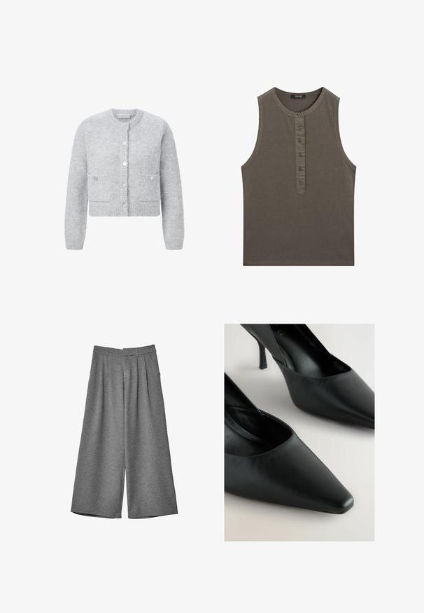 Grauer, kurz geschnittener Cardigan aus strukturiertem Stoff, mit rundem Ausschnitt, frontaler Knopfverschluss und zwei aufgesetzten Taschen. Weiches, flauschiges Erscheinungsbild.; Ärmelloses, olivgrünes Tanktop aus Baumwolle. Es hat einen runden Ausschnitt und eine Knopfleiste mit fünf Knöpfen auf der Vorderseite.; Graue weit geschnittene cropped Hosen mit Gürtelschlaufen, seitlichen Taschen und vorderen Falten, aus einem weichen Stoff gefertigt.; Schwarze Leder High Heels mit spitzem Zeh, schlankem Stiletto-Absatz und glatter Textur. Verfügt über ein V-förmiges Design an den Seiten.