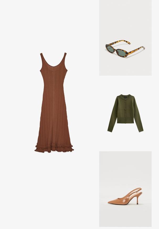 Olivgrüne Strickjacke mit langen Ärmeln und rundem Ausschnitt, ausgestattet mit einer Knopfleiste an der Vorderseite und einem gerippten Saum.; Braunes geripptes Kleid mit Rundhals, taillierter Silhouette und rüschengesäumtem Saum. Hergestellt aus einem strukturierten Stoff, hat es eine glatte Oberfläche.; Spitz zulaufender Slingback-Absatz aus einem glatten, glänzenden, tanfarbenen Material. Mit einem geschwungenen Ausschnitt-Design und einem schlanken Stiletto-Absatz. Silberne Schnallendetails.; Schildpatt-Sonnenbrille mit ovalen Rahmen, dunklen grünen Gläsern und schlanken Bügeln. Mit einem dezenten Logo auf dem Bügel.; Gelbe Kunstleder-Handtasche im Krokodil-Look mit strukturiertem Design, Obergriff, abnehmbarem Kettenriemen und dekorativer Kristallverzierung am Verschluss.; Ohrringe in Goldfarbe mit langen Stäben und runden Perlen an den Enden. Die Stäbe sind glatt, und die Perlen haben eine glänzende Oberfläche.