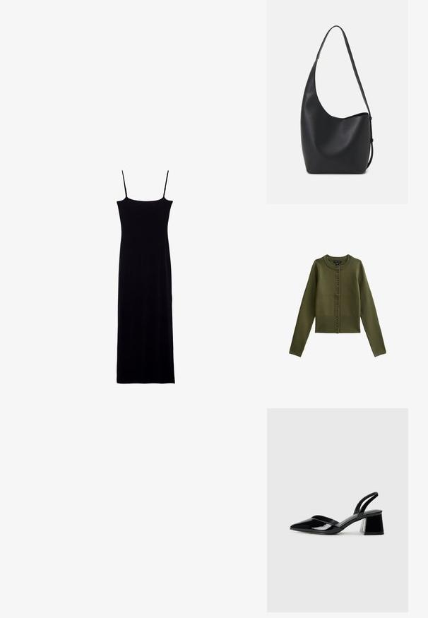 Olivgrön kofta med långa ärmar och rund halsringning, med en rad knappar fram och ribbad fåll.; Svart ärmlös klänning med rak silhuett, tillverkad av mjuk tyg. Har smala spaghettiband och en golvlång design.; Svarta lackläder slingback klackar med spetsig tå och geometrisk klack. Har en elegant, minimalistisk design och slät yta.; Svart läder hobo-väska med en slät textur, kurvig form och en justerbar axelrem; har en bred öppning upptill.