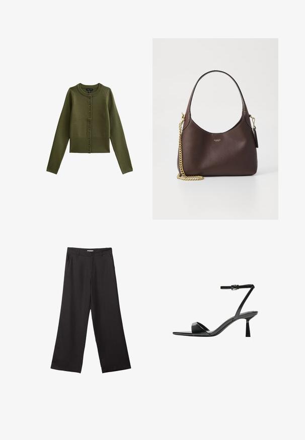 Olivgrüne Strickjacke mit langen Ärmeln und rundem Ausschnitt, ausgestattet mit einer Knopfleiste an der Vorderseite und einem gerippten Saum.; Schwarzes Tanktop aus Baumwolle mit rundem Halsausschnitt und weiten Armöffnungen. Glatte Textur mit genähten Säumen. Klassisches, minimalistisches Design.; Schwarze weite Hosen aus glattem Stoff, mit einem Reißverschluss vorne und zwei seitlichen Taschen, maßgeschneiderter Passform und minimalistischem Design.; Bershka High Heel Sandalette - black; COACH BROOKLYN SHOULDER BAG 23 - Handtasche - maple