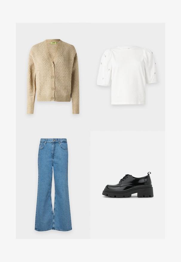 Beige knitted cardigan with a v-neck, button front, and textured pattern; features long sleeves and ribbed cuffs and hem.; White cotton t-shirt with short puff sleeves, featuring small silver embellishments along the sleeves. Classic round neckline, relaxed fit.; Light blue flared jeans made of denim, featuring a high waist, five pockets, and a single button closure. Soft texture with faded finish.; Black patent leather shoes with a chunky platform sole and thick laces. Rounded toe, minimal detailing, and a small heel tab at the back.