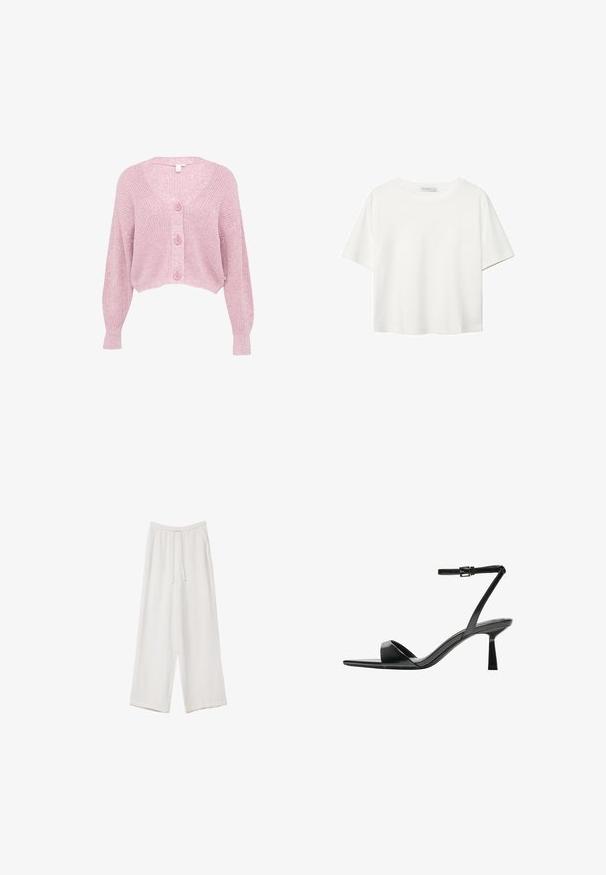 Rosa, verkürzter Cardigan mit V-Ausschnitt, langen Ärmeln und strukturiertem Strickmuster, ausgestattet mit vier vorderen Knöpfen und gerippten Bündchen.; Weißes T-Shirt mit kurzen Ärmeln aus Baumwolle. Hat einen Rundhalsausschnitt und eine lockere Passform. Glatte Textur ohne sichtbare Muster oder Akzente.; Weiße weit geschnittene Hose aus leichtem Stoff. Mit einem elastischen Bund und Kordelzug sowie Seitentaschen. Glatte Textur.; Bershka High Heel Sandalette - black