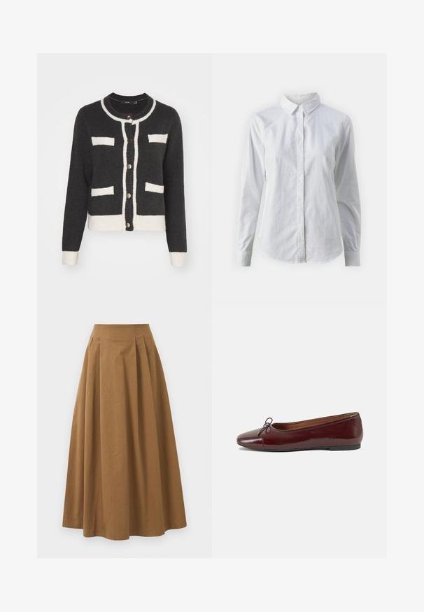 Cardigan con bottoni, corpo grigio scuro, rifiniture crema e due tasche frontali; il colletto e i polsini a coste aggiungono texture.; Camicia bianca con bottoni, realizzata in cotone liscio, dotata di un colletto classico, maniche lunghe e orlo curvo. I bottoni sono piccoli e bianchi.; Gonna A-line in cotone marrone con vita alta, caratterizzata da pince sulla parte anteriore e una texture liscia. Le finiture dell'orlo sono pulite e semplici.; Ballerine in pelle verniciata bordeaux con punta arrotondata, piccolo fiocco decorativo sulla parte anteriore e suola bassa in gomma nera. Texture liscia.