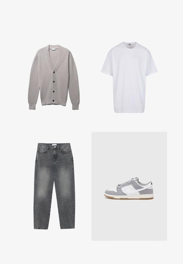 Cardigan grigio chiaro a maglia con scollo a V, maniche lunghe e sei bottoni neri sul davanti. Tessuto a coste in tutta la sua lunghezza.; Maglietta bianca in cotone con maniche corte, scollatura rotonda, vestibilità comoda e senza loghi o motivi visibili. Texture liscia e design minimale.; Jeans a vita alta, dal taglio ampio in denim nero sbiadito. Presentano cinque tasche, passanti per cintura e un design dritto e pulito.; Sneaker grigia e bianca con tomaia in suede e pelle, punta arrotondata, lacci piatti e soletta in gomma con un accento color caramello.