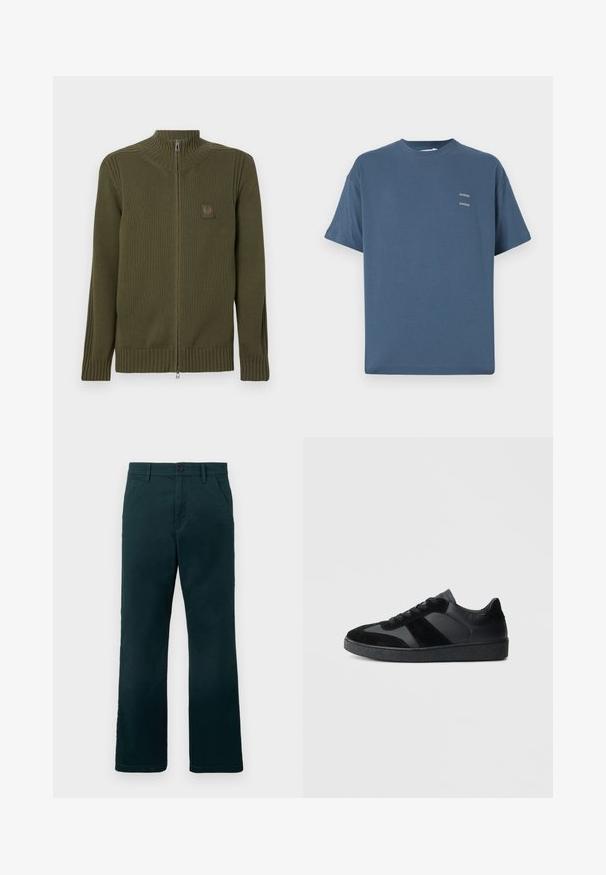 Mörkgrön zip-up cardigan med hög krage, ribbade ärmslut och nederkant, med en liten texturerad emblem på vänster bröst.; Blå bomullströja med klassisk rund halsringning, korta ärmar, avslappnad passform och två små tryckta logotyper på bröstet. Slät textur.; Mörkgröna raka byxor med bälteshällor, sidofickor och en knappstängning på en plain vit bakgrund.; Svarta sneakers med en kombination av slätt läder och mocka, med en texturerad svart gummisula och subtila randdetaljer.