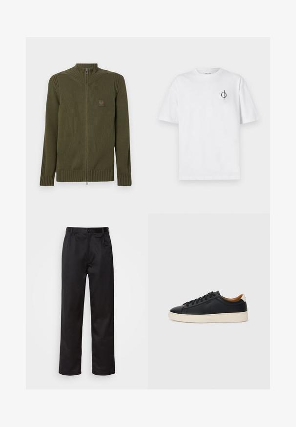 Mørkegrønn zip-up cardigan med høy krage, ribbede mansjetter og hem, med et lite teksturert merke på venstre bryst.; Hvit bomull t-skjorte med avslappet passform, med en liten svart grafisk logo på venstre brystområde. Korte ermer, rund hals.; Sorte bukser laget av glatt stoff, med knappåpning foran, legg og rette ben. Ingen synlige mønstre eller detaljer.; Sorte skinnesneakers med en jevn tekstur, beige gummisåle, lisser og en kontrasterende hæl aksent.