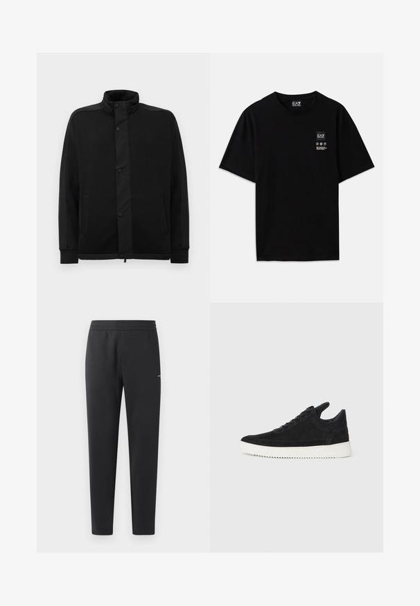 Fekete dzseki magas gallérral, patentgombokkal és kontrasztos szövetpanelekből. Két oldalsó zsebe és bordázott mandzsettái vannak, amelyek illeszkedő megjelenést kölcsönöznek.; Fekete pamut póló rövid ujjal, kerek nyakkivágással, az elején egy kis logócímkével, amely fehér színű ápolási szimbólumokat tartalmaz.; Fekete sportnadrág puha anyagból, rugalmas derékpánttal, egyenes szárakkal és egy kis logó részlettel az oldalán.; Fekete nubuk sportcipő fehér gumitalppal, tónusos varrással és fűzős kialakítással. Simák a textúrája, modern, letisztult formával rendelkezik.