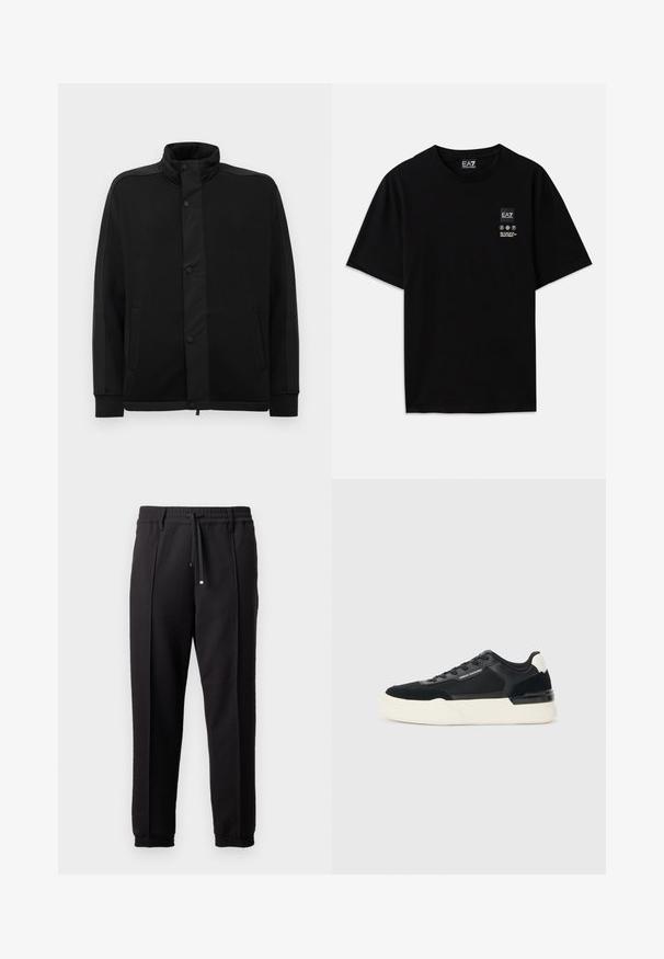 Black jacket with high collar, snap buttons, and contrasting fabric panels. Features two side pockets and ribbed cuffs for a fitted look.; Black cotton t-shirt with short sleeves, a crew neck, and a small logo tag on the front featuring care symbols in white.; Black trousers with a waistband, drawstring, and elastic cuffs. Features pleats and a smooth, textured fabric.; Black sneaker made of mesh and leather, featuring a thick white sole and contrasting accents. Laces and logo detail on the side.