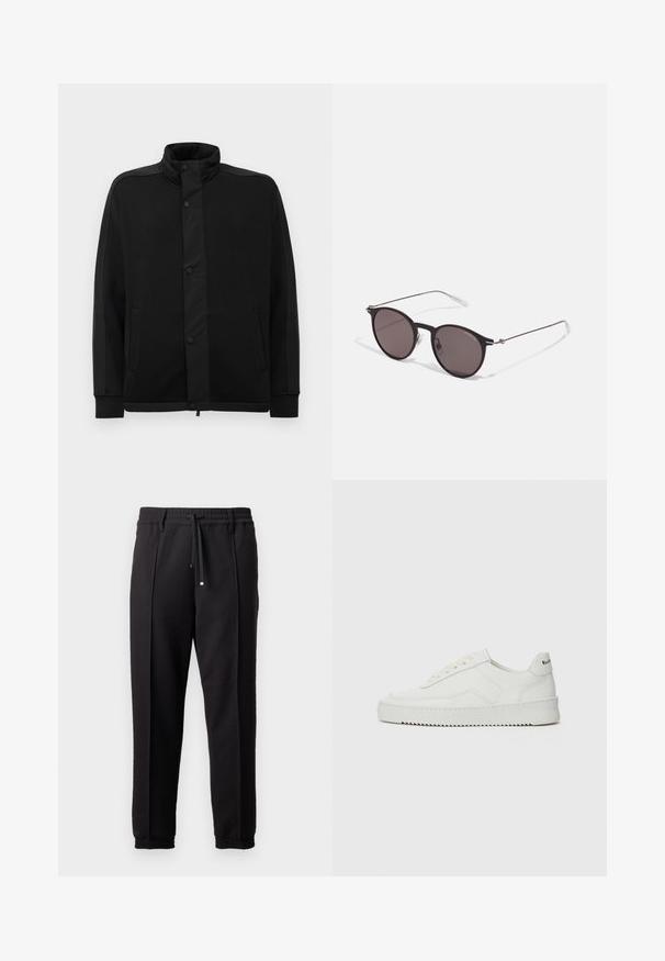 Čierna bunda s vysokým golierom, patentkami a kontrastnými látkovými panelmi. Obsahuje dve bočné vrecká a rebrované manžety pre priliehavý vzhľad.; Čierne bavlnené tričko s okrúhlym výstrihom, krátkymi rukávmi a bielym logom "EMPORIO ARMANI" nad textom "Milano" v zakrivenej línii.; Čierne nohavice s pásom, šnúrkou na stiahnutie a elastickými manžetami. Obsahujú pútkové prešitia a hladkú, textúrovanú látku.; Biele kožené tenisky s hladkým povrchom, okrúly špičkový dizajn, ploché šnúrky a textúrovaná podrážka. Obsahujú jemné logo na päte.; Čierne okrúhle slnečné okuliare s tmavými sklami a tenkými kovovými ramenami. Obsahujú priehľadné konce rámov a strieborné akcenty na pántoch. Minimalistický dizajn.