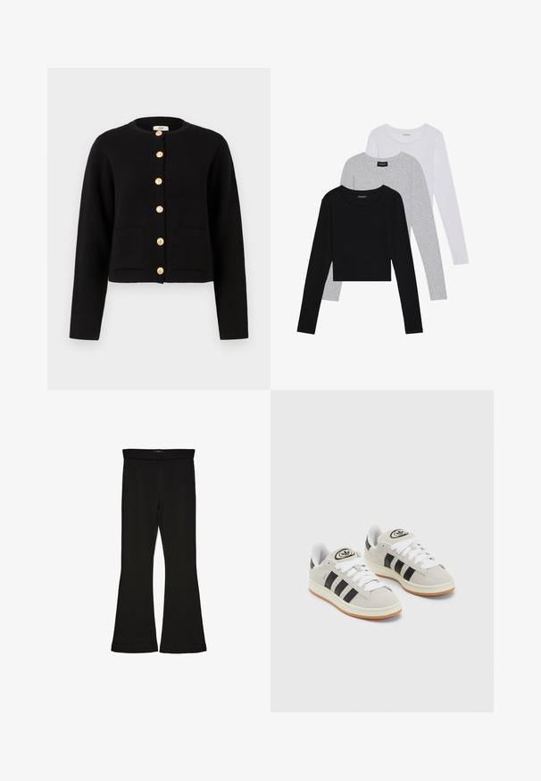 JDY Cardigan - black; Tre lange ermer t-skjorter stablet: svart, grå og hvit. Hver har en rund hals og et kort design med glatt, lett stoff.; Sorte flared leggings laget av stretchy stoff. Har en bred midjebånd og en glatt tekstur, med en tettsittende silhuett som blir videre nedover.; Grå semsket sneakers med hvite lisser, svarte striper og en hvit gummisåle. Har en sirkulær logo på tungen og en gummisåle.