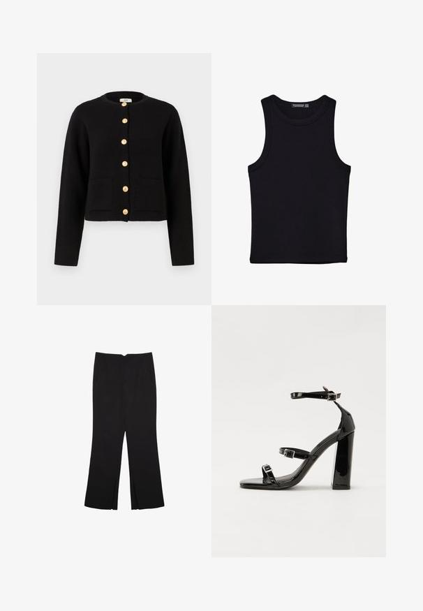 JDY Neuletakki - black; Musta hihaton paita, joka on valmistettu puuvillasta, ja jossa on pyöreä kaula-aukko sekä leveät kainaloaukot. Silkkinen pinta ja ommellut reunat. Klassinen, minimalistinen muotoilu.; Mustat housut suoralinjaisella leikkauksella, joissa on etutaskut ja sivurei'ät helman alla. Valmistettu pehmeästä ja sileästä kankaasta. Sopii eri tilaisuuksiin.; Musta kiiltäväpintainen korkokengät, joissa on kaksi solkikiinnitystä, neliönmuotoinen kärki ja paksu korko, sileällä, kiiltävällä pintarakenteella.