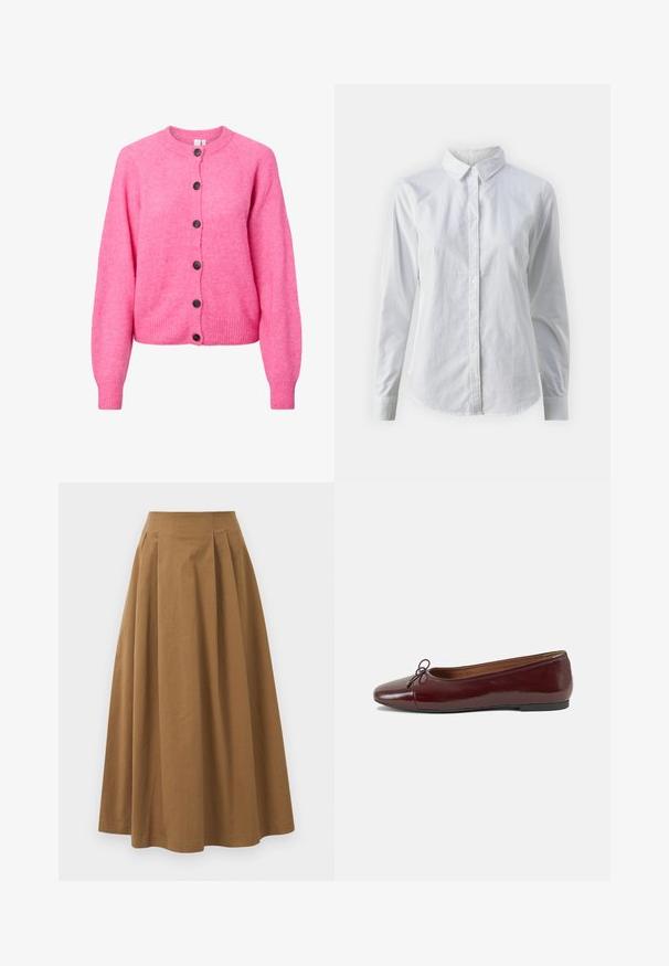 Fényes rózsaszín horgolt kardigán hosszú ujjal, kerek nyakkal, bordás mandzsettával és szárral, valamint hat sötét gombbal az elején.; Fehér, sima pamutből készült gombos ing, klasszikus gallérral, hosszú ujjakkal és ívelt hemvéggel. A gombok kicsik és fehérek.; Barna pamut A-vonalú szoknya magas derékkal, elöl pliszézett és sima textúrával. Az alsó szegélyek letisztultak és egyszerűek.; Burgundi lakkbőr balettcipő kerek orral, elöl kis masni díszítéssel és alacsony, fekete gumi talppal. Simára csiszolt felület.