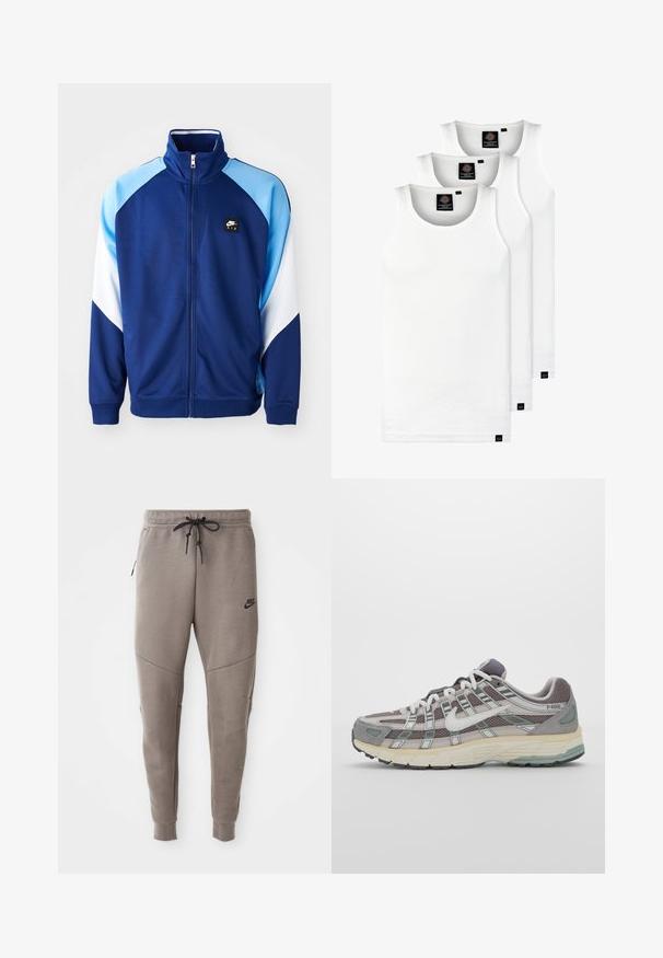 Tamsiai mėlynas ir šviesiai mėlynas užtrauktuku užsegamas džemperis, pagamintas iš lygaus audinio, turintis aukštą apykaklę ir spalvų blokų dizainą su logotipo pleistru ant krūtinės.; Trys balti, dryžuoti marškiniai be rankovių, pagaminti iš medvilnės. Yra apvalus kaklas ir maži juodi etiketės netoli siūlės. Siūlomi įvairių dydžių.; Pilkos Nike kelnės su raišteliu liemenyje, siaurėjančiomis kojomis, šoninėmis kišenėmis ir išskirtiniais siūlų detalėmis. Minkšta, tekstūruota medžiaga.; Pilkas sportinis batas su tinklu ir zomšos viršutine dalimi, baltomis detalėmis, paminkštintu padu ir išskirtiniu dizainu su atspindinčiais elementais.