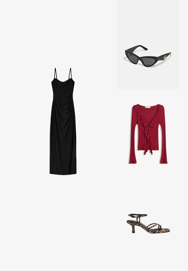 Top lungo a maniche con costine rosse, scollatura a V e dettagli arricciati lungo il collo e al centro. I nastri sul davanti creano un effetto aderente.; Abito midi nero con sottili spalline regolabili, caratterizzato da un design drappeggiato e una texture liscia. Nessun motivo o decorazione visibile.; Sandali con tacco in stampa leopardata, con punta quadrata, multiple cinghie e un tacco di altezza media. Realizzati in morbido materiale tessile.; Occhiali da sole a forma di gatto con montatura in plastica nera opaca, lenti scure e un'accensione con logo dorato sulla stanghetta. Design angolare e superficie liscia.; Borsa a tracolla in pelle marrone con motivo logo, tracolla in catena dorata, chiusura con zip e dettagli in metallo dorato. Forma compatta e rettangolare.