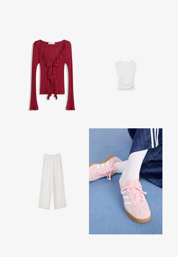 Rdeča rebrasta majica z dolgimi rokavi in V-izrezom ter nabranimi detajli ob izrezu in središču. Zavezuje spredaj, kar ustvarja prilegajoč videz.; Bela kratka majica s kratkimi rokavi in okroglim izrezom. Ima nabran teksturo ob straneh in prilegajočo silhueto, izdelana iz mehke, raztegljive tkanine.; Bele široke hlače iz lahkega materiala. Imajo elastičen pas s vrvico in stranske žepe. Gladka tekstura.; Svetlo roza antilopni športni copati z belimi črtami in vezalkami, z teksturirano jezičko in gumo podplatom, postavljeni na modrem tepihu.
