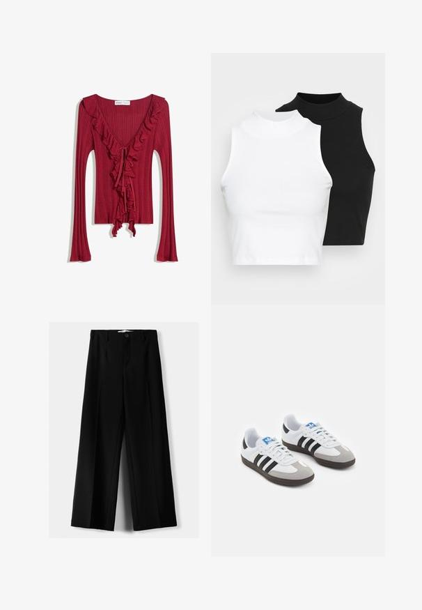 Top lung cu mâneci lungi, roșu, cu un decolteu în V și accente frumos ondulate de-a lungul gâtului și pe centrul piesei. Un șnur la față creează un aspect ajustat.; Două bluze fără mâneci, cu guler înalt, în culorile negru și alb, având un design ajustat și o textură netedă, cu o lungime scurtă.; Pantaloni negri cu picior larg, fabricați dintr-un material ușor, cu închidere frontală cu nasture și față plată, având tivuri cusute cu atenție.; Încălțăminte sport cu un superior din piele albă, vârf din suede gri și trei dungi negre. Prezintă un logo albastru pe limbă și o talpă din cauciuc texturat.