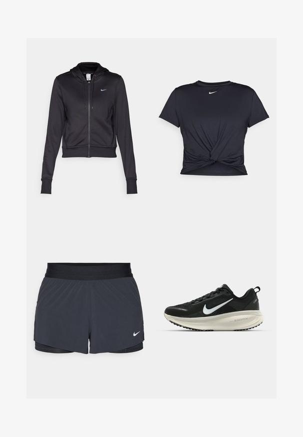 Čierna mikina s kapucňou na zips, vyrobená z hladkého materiálu, s nastaviteľnou kapucňou a malým modrým logom Nike na hrudi. Krátky strih s rebrovanými manžetami.; Čierne atletické tričko vyrobené z hladkej tkaniny, so zaväzovaným predným dizajnom a malým bielym logom Nike na hrudi.; Čierne športové šortky s elastickým pásom, ktoré majú vrstvený dizajn a malú bielu aplikáciu loga Nike v dolnom ľavom rohu. Ľahký materiál.; Čierne bežecké topánky Nike s priedušnou sieťovinou, bielym logom s symbolom swoosh, textúrovanými detailmi a krémovou ZoomX medzipodrážkou.