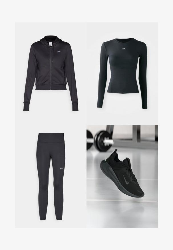 Sweatshirt preto com fecho éclair feito de um tecido suave, apresentando um capuz com cordão e um pequeno logótipo azul da Nike no peito. Design cropped com punhos canelados.; Top justo de mangas longas preto, feito de um tecido liso e elástico. Apresenta um decote redondo e um pequeno logotipo branco da Nike no peito.; Leggings pretos feitos de tecido elástico, com uma cintura alta e um logo branco da Nike na coxa esquerda. Textura suave, design ajustado ao corpo.; Sapatilha desportiva preta com o logotipo da Nike, mostrada em pleno ar sobre o chão do ginásio, com um suporte de halteres desfocado ao fundo.