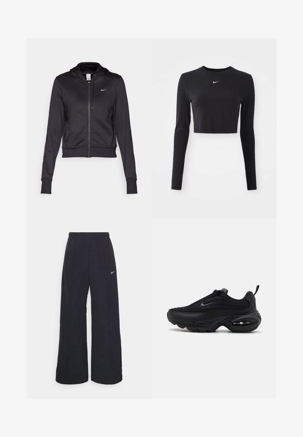 Svart zip-hoodie laget av glatt stoff, med en snorhette og en liten blå Nike-logo på brystet. Kuttet design med ribbestrikkede mansjetter.; Svart langermet cropped topp laget av glatt stoff, med rund hals og en hvit Nike-logo på brystet.; Svarte vide bukser med elastisk linning og en liten hvit Nike-logo. Stoffet har en glatt tekstur, designet for komfort og uformell bruk.; Svart atletisk sko med en jevn, teksturert overdel. Har rund tå, polstret krage og synlig luftputefor i sålen.