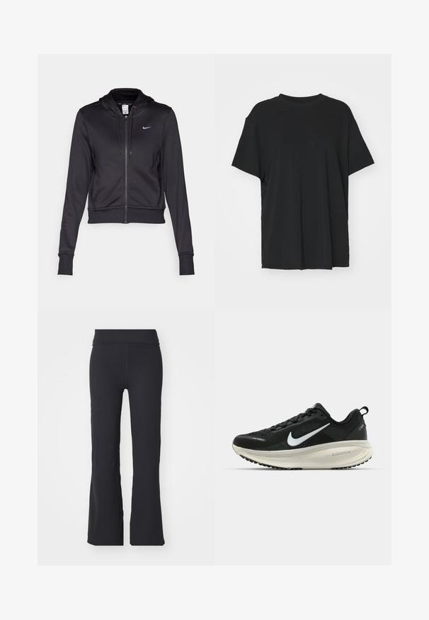 Schwarze Zip-Hoodie aus glattem Stoff, mit Kordelzugkapuze und kleinem blauen Nike-Logo auf der Brust. Kurz geschnittenes Design mit gerippten Bündchen.; Schwarzes T-Shirt mit kurzen Ärmeln aus glattem Stoff, mit Rundhalsausschnitt und lockerer Passform. Verfügt über seitliche Schlitze für zusätzlichen Komfort und Atmungsaktivität.; Schwarze Schlaghosen aus dehnbarem Material mit hohem Bund. Verfügt über klare Linien und eine glatte Textur, geeignet für Freizeitkleidung.; Schwarzer Nike-Laufschuh mit atmungsaktivem Mesh-Obermaterial, weißem Swoosh-Logo, strukturierten Details und einer cremefarbenen ZoomX-Zwischensohle.