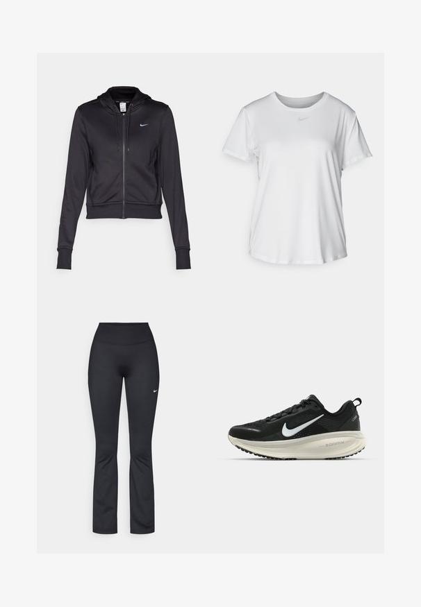 Černá zipová mikina s hladkým materiálem, vybavená kapucí s šňůrkou a malým modrým logem Nike na hrudi. Krátký střih s elastickými manžetami.; Bílý krátký rukáv tričko z hladké tkaniny, s kulatým výstřihem a malým šedým logem Nike na hrudi.; Černé sportovní legíny s vysokým pasem, vyrobené z hladké, elastické tkaniny. Na levém stehně je malý bílý logo Nike.; Černá běžecká obuv Nike s prodyšným síťovaným svrškem, bílým logem swoosh, texturovanými detaily a krémovou mezipodešví ZoomX.