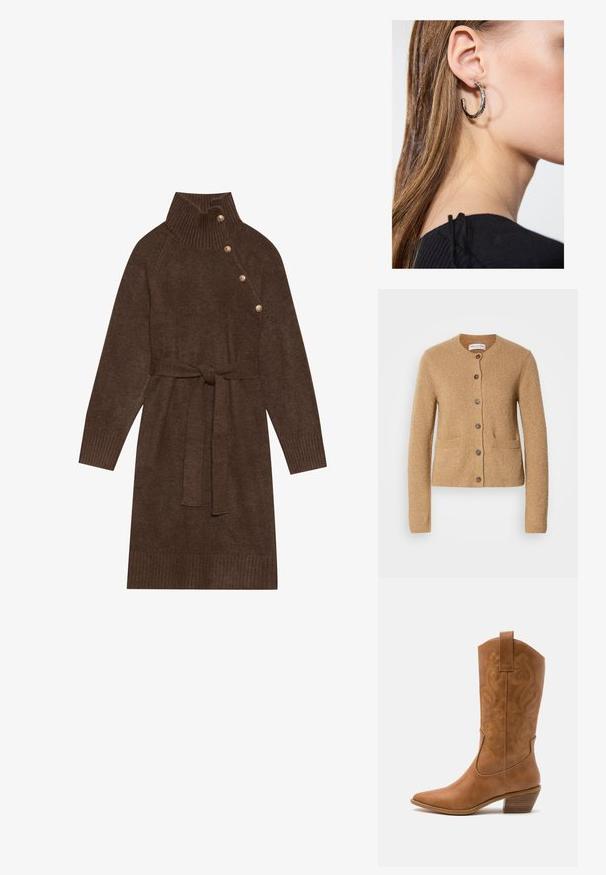 Beige knit cardigan with round neck, long sleeves, front button closure, and two front pockets, displayed on plain white background.; Brown knitted sweater dress with a high ribbed collar, side buttons, and a matching fabric belt. Ribbed cuffs and hem add texture.; Tan leather cowboy boot with pointed toe, embroidered swirl patterns on shaft, and a stacked block heel. Features a pull tab for easy wear.; Silver hoop earring with a polished finish, featuring small gold accent details and a round shape, worn on the lobe.