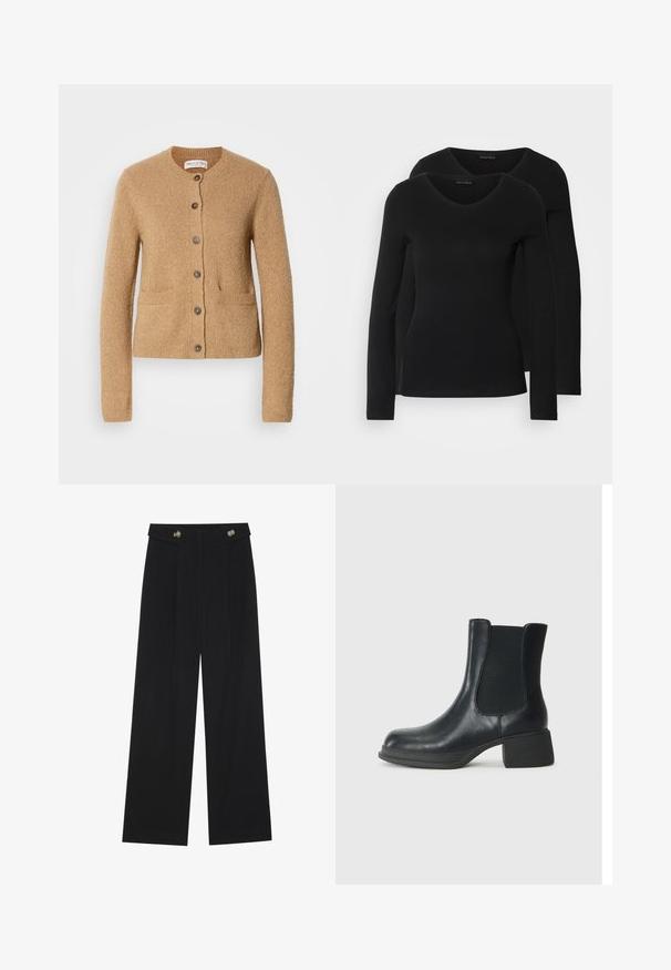 Béžový pletený kardigan s kulatým výstřihem, dlouhými rukávy, zapínáním na knoflíky vpředu a dvěma předními kapsami, vystavený na čistém bílém pozadí.; Dvě černé dlouhé rukávy trička s výstřihem do V, vyrobené z měkkého, elastického materiálu, s hladkou texturou a přiléhavým střihem.; Černé široké kalhoty s vysokým pasem, detailní knoflíky na pase a přední záhyby.; Černá kožená kotníková bota s elastickými bočními panely, zaoblenou špičkou a nízkým blokovým podpatkem. Povrch má hladkou texturu a minimální detaily.