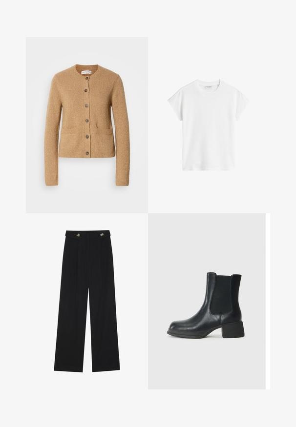 Beige knit cardigan with round neck, long sleeves, front button closure, and two front pockets, displayed on plain white background.; White short-sleeve t-shirt made of cotton. Features a relaxed fit with a crew neckline and slightly dropped shoulder seams. No patterns or accents.; Black wide-leg trousers with high waist, button details on waistband, and front pleats.; Black leather ankle boot with elastic side panels, rounded toe, and a low block heel. The surface has a smooth texture and minimal detailing.
