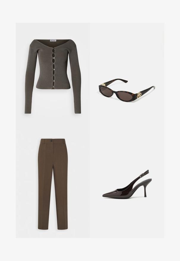 Cardigan cropped a maniche lunghe di colore grigio scuro a costine con chiusura a bottone ondulato e scollatura ampia, etichettato "WEEKDAY".; Camicia button-down a righe blu con colletto, maniche lunghe e orlo curvo. Il tessuto sembra liscio e leggero. Chiusura con bottoni sul davanti.; Pantaloni marroni a gamba dritta con passanti per cintura e chiusura anteriore a un bottone, esposti su uno sfondo bianco.; Scarpa con tacco alto tipo slingback in pelle verniciata marrone scuro lucido, punta affusolata, lati aperti e cinturino alla caviglia regolabile.; Occhiali da sole tartarugati con lenti ovali allungate, tonalità marrone, accenti dorati con logo sulle tempie e aste nere eleganti.; Borsa bordeaux con silhouette curva e manico corto, dotata di una zip dorata e di un logo Calvin Klein discreto sul davanti.